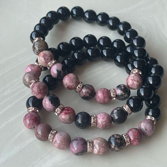 Rose coral jasper rhodonite obsidian ONE stretch bracket NEW handmade rhinestone - Picture 11 of 11